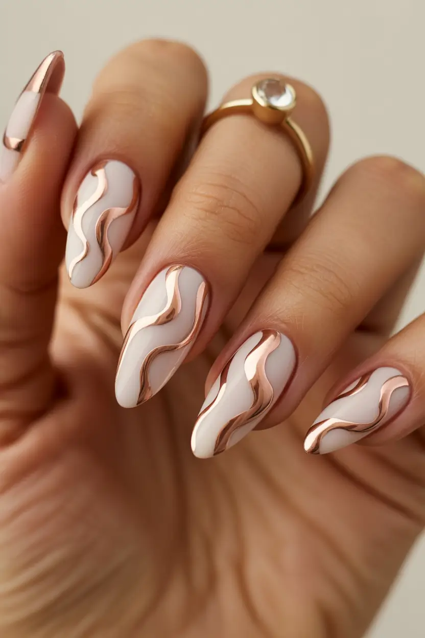 spring wedding nails Rose Gold Marble Waves For Modern Bride Almond Nails