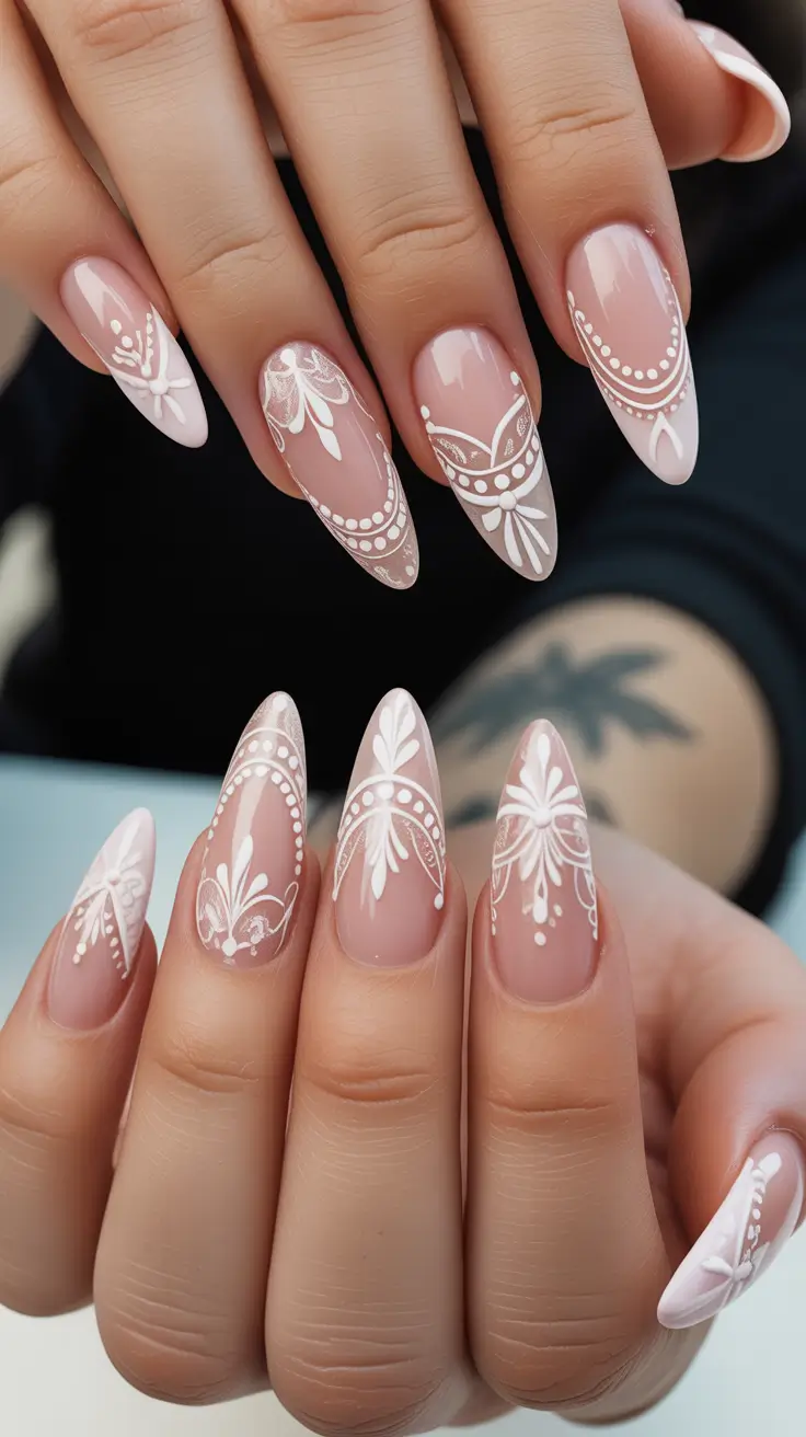 spring wedding nails Ornamental White Bridal Art On Elegant Almond Nails