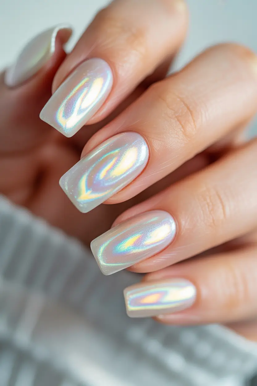 spring wedding nails Soft Pearl Chrome Square Nails For A Modern Bridal Glow