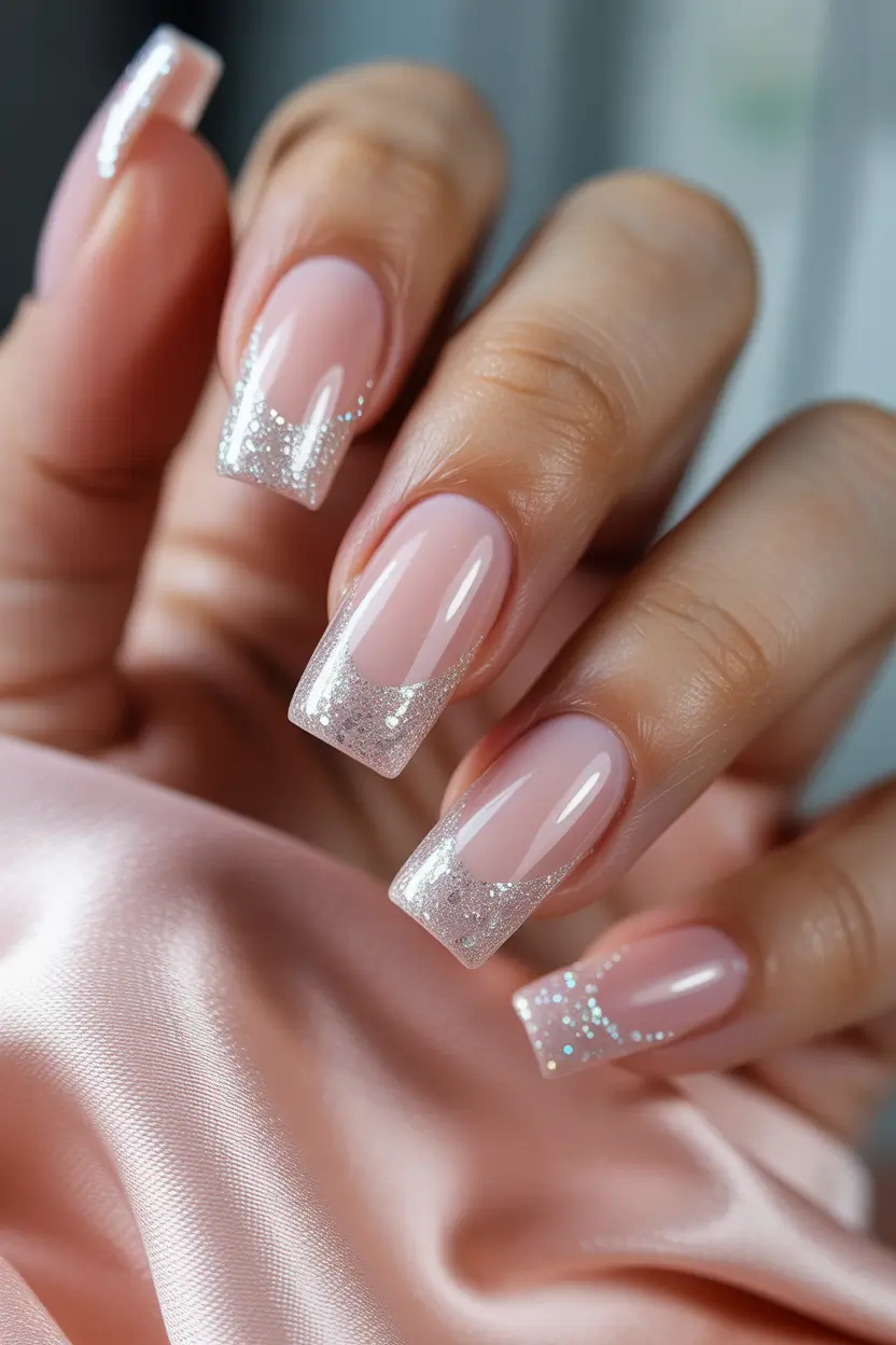 spring wedding nails Soft Pink Glitter Fade For Cute Bride Short Or Guest Short Nails