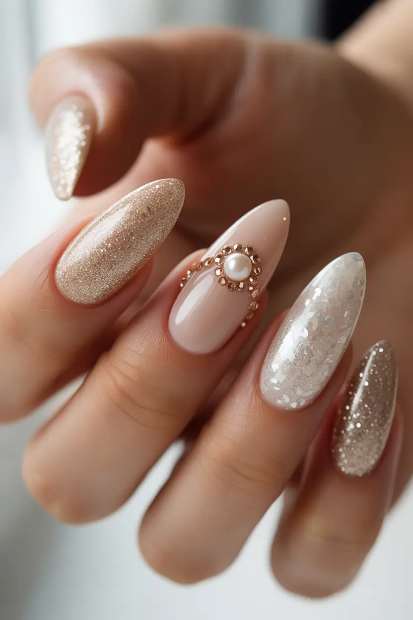spring wedding nails Pearl Embellished Neutral Almond Nails For A Romantic Bride