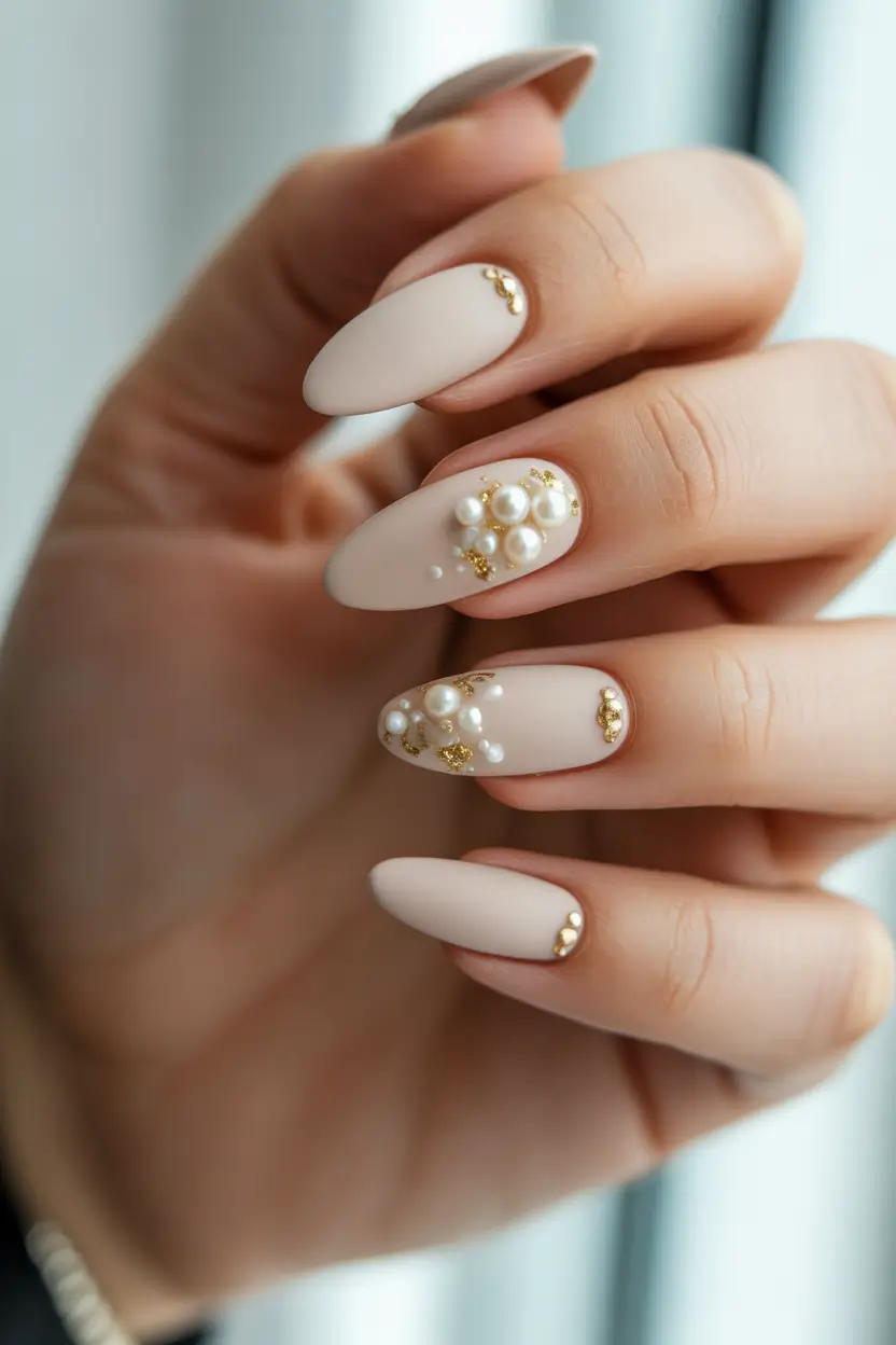 spring wedding nails Minimal Nude Pearl Accent Nails For Bride Simple Spring Elegance