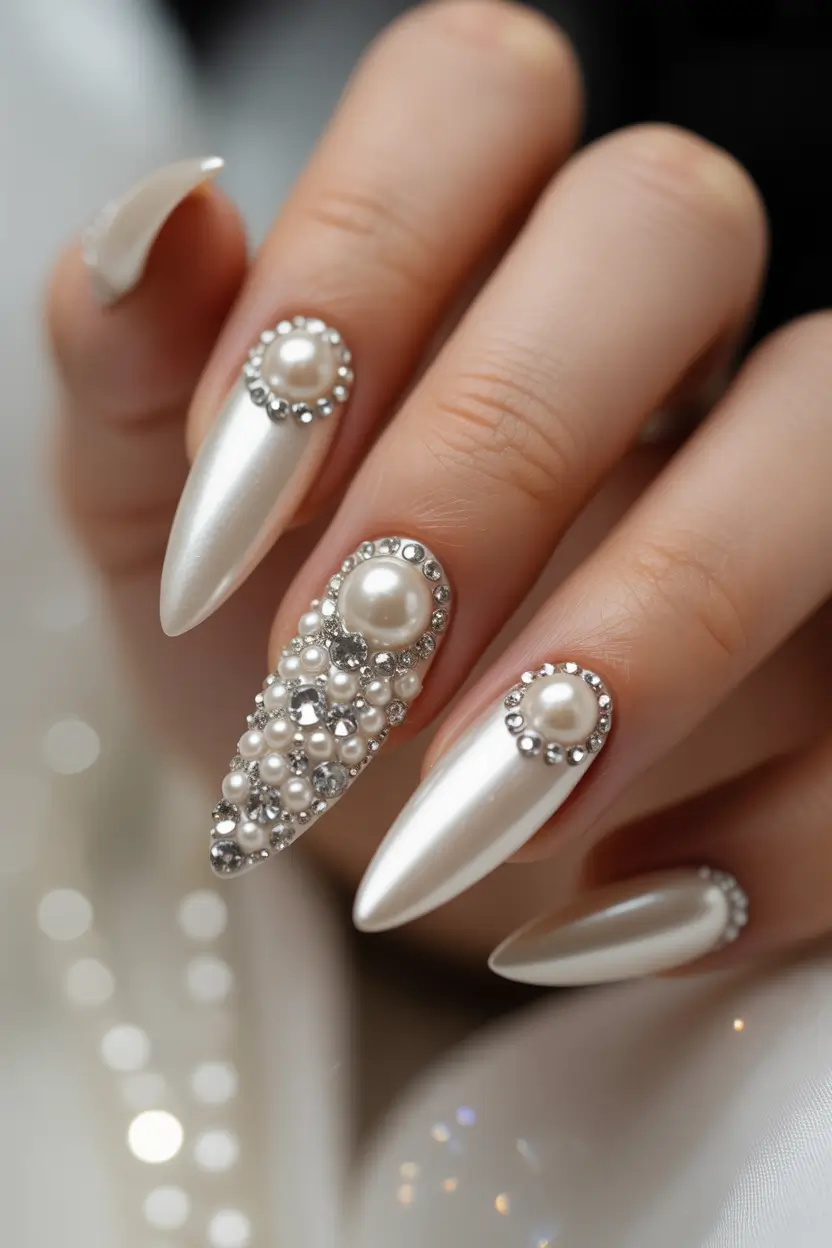 spring wedding nails Luxurious Pearl Crystal Almond Nails For A Glamorous Bride