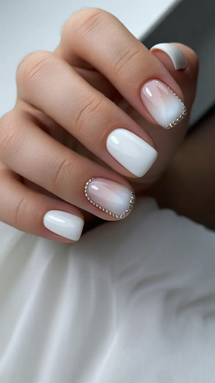 spring wedding nails Minimal Rhinestone French Square Nails For Bride Short Elegance