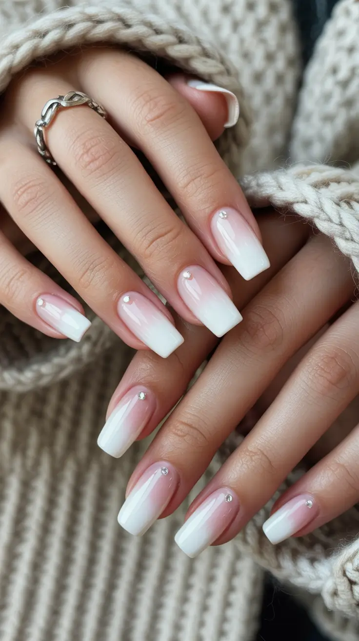 spring wedding nails Soft Bridal Ombre Square Nails With Crystal Accent