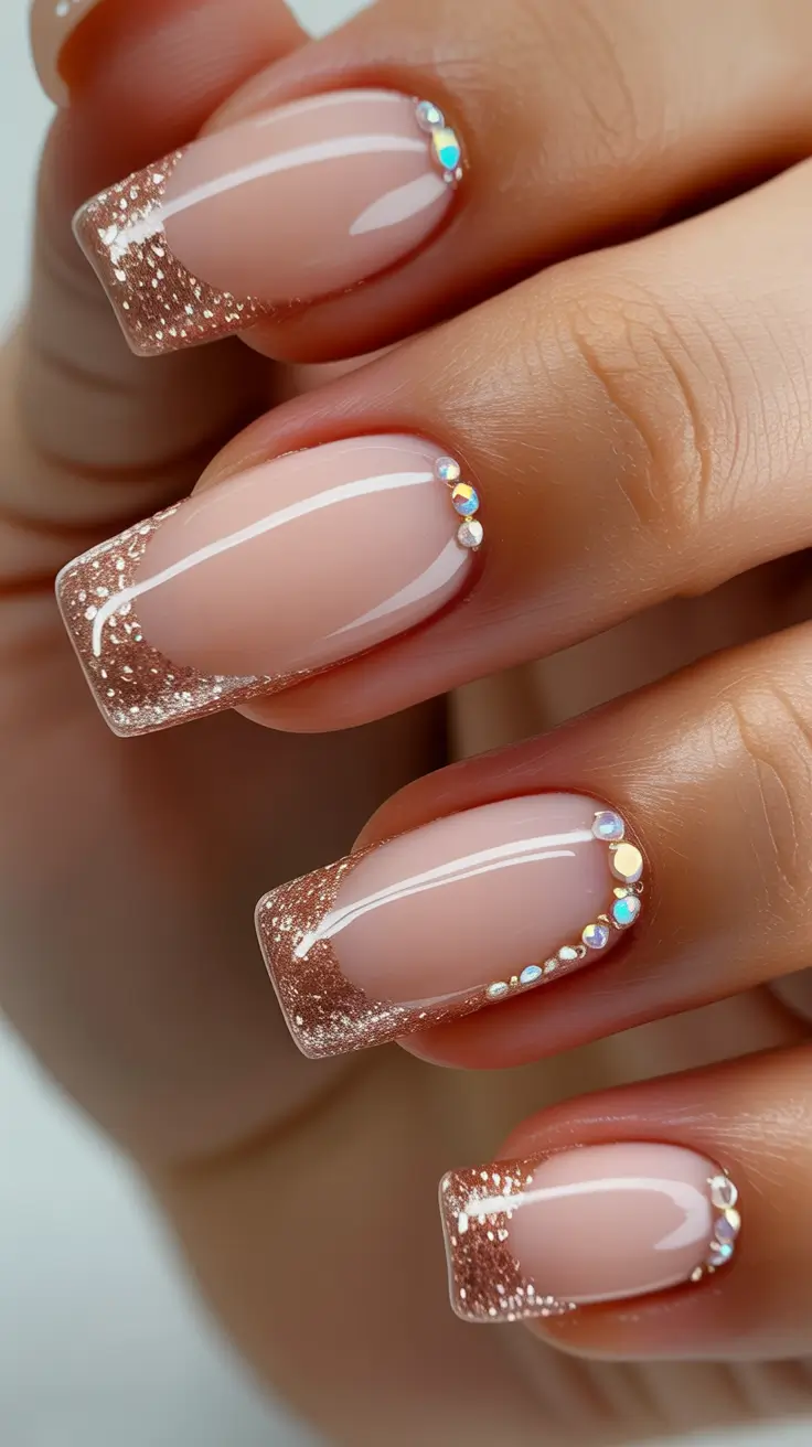 spring wedding nails Rose Gold Glitter French Square Nails With Crystal Details
