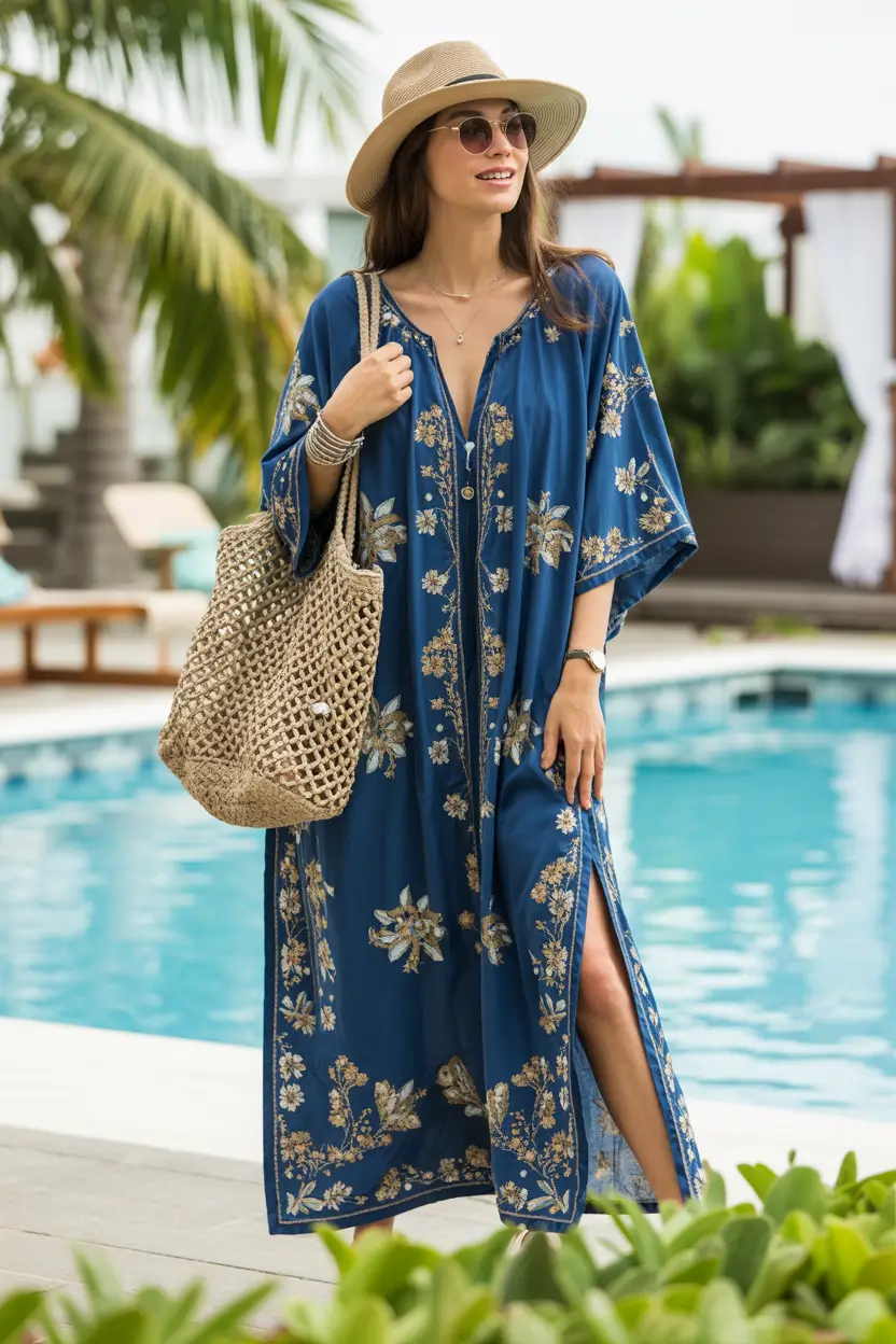 23 beach tunic cover up 2026 Deep Blue Embroidered Kaftan With Statement Aesthetic