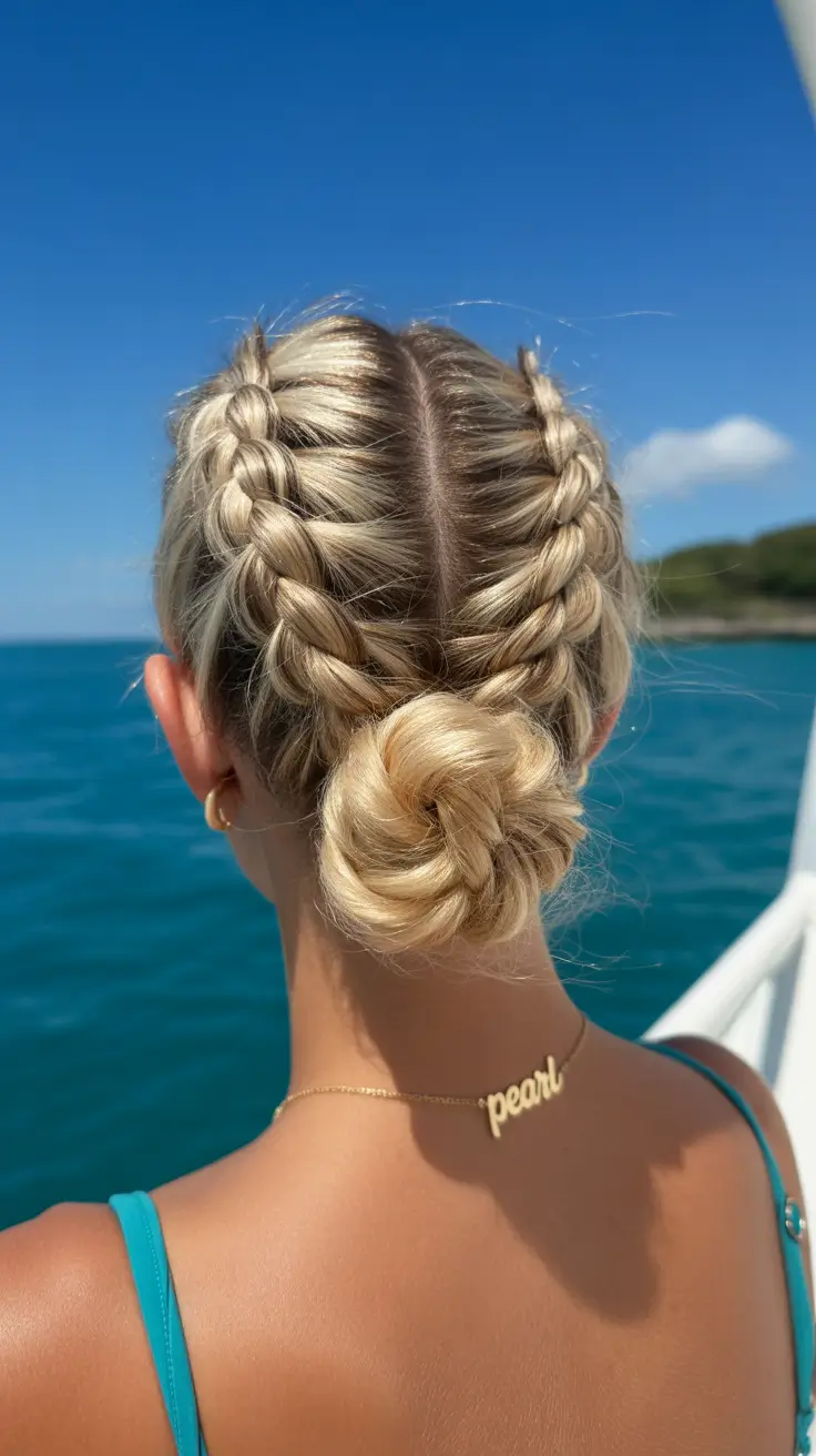 summer hairstyles for swimming 2026 Double Braids Into Twisted Low Bun