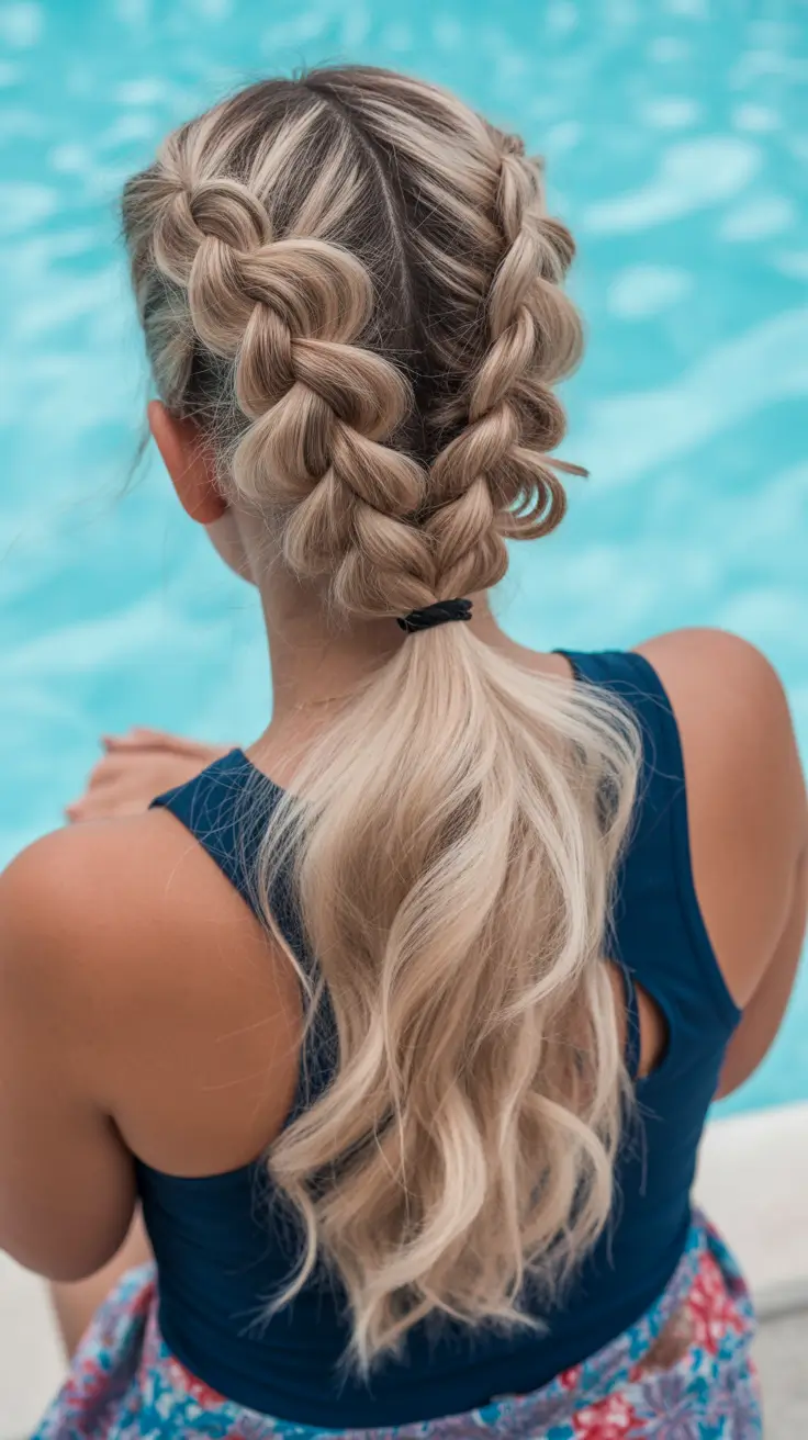 summer hairstyles for swimming 2026 Chunky Side Braids Into Loose Ponytail
