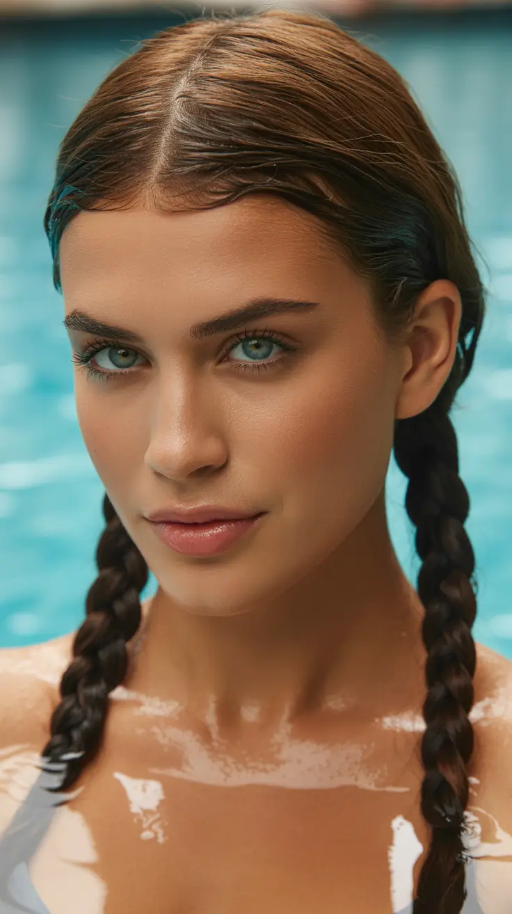 summer hairstyles for swimming 2026 Wet Look Double Braids With Center Part