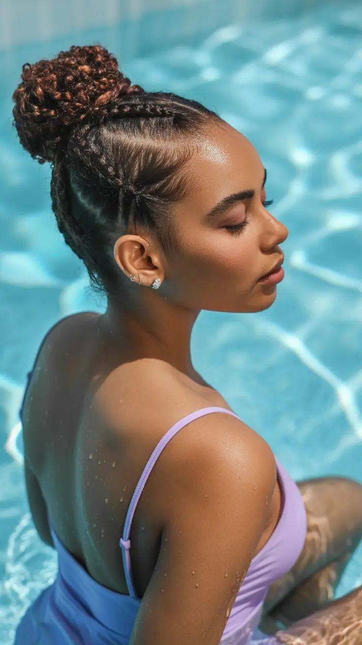 summer hairstyles for swimming 2026 Curly Braided Bun With Defined Edges