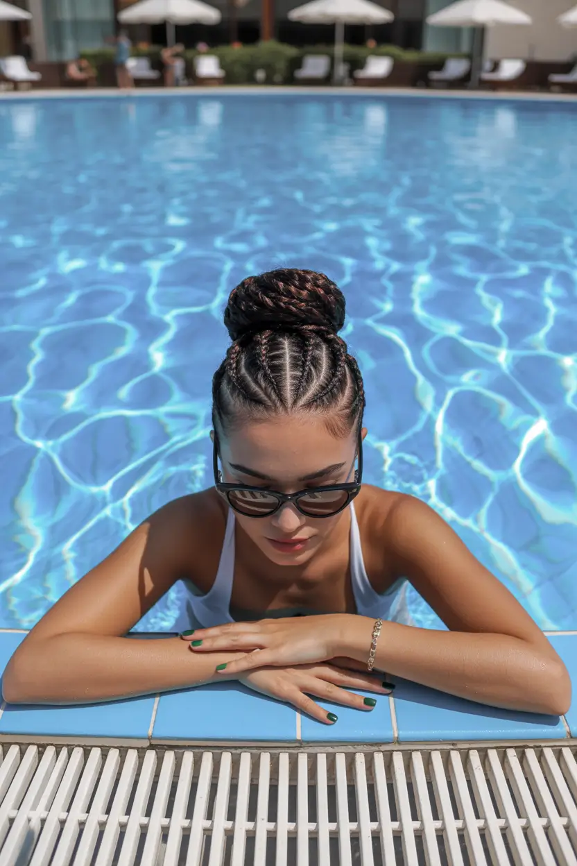 summer hairstyles for swimming 2026 Intricate Cornrow Bun With Sunglasses Chic
