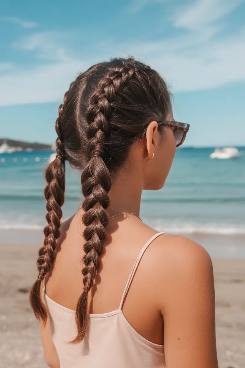 summer hairstyles for swimming 2026 Double Braids With Relaxed Beach Texture