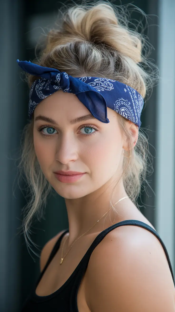 summer hairstyles for swimming 2026 Messy Bun With Bandana Detail