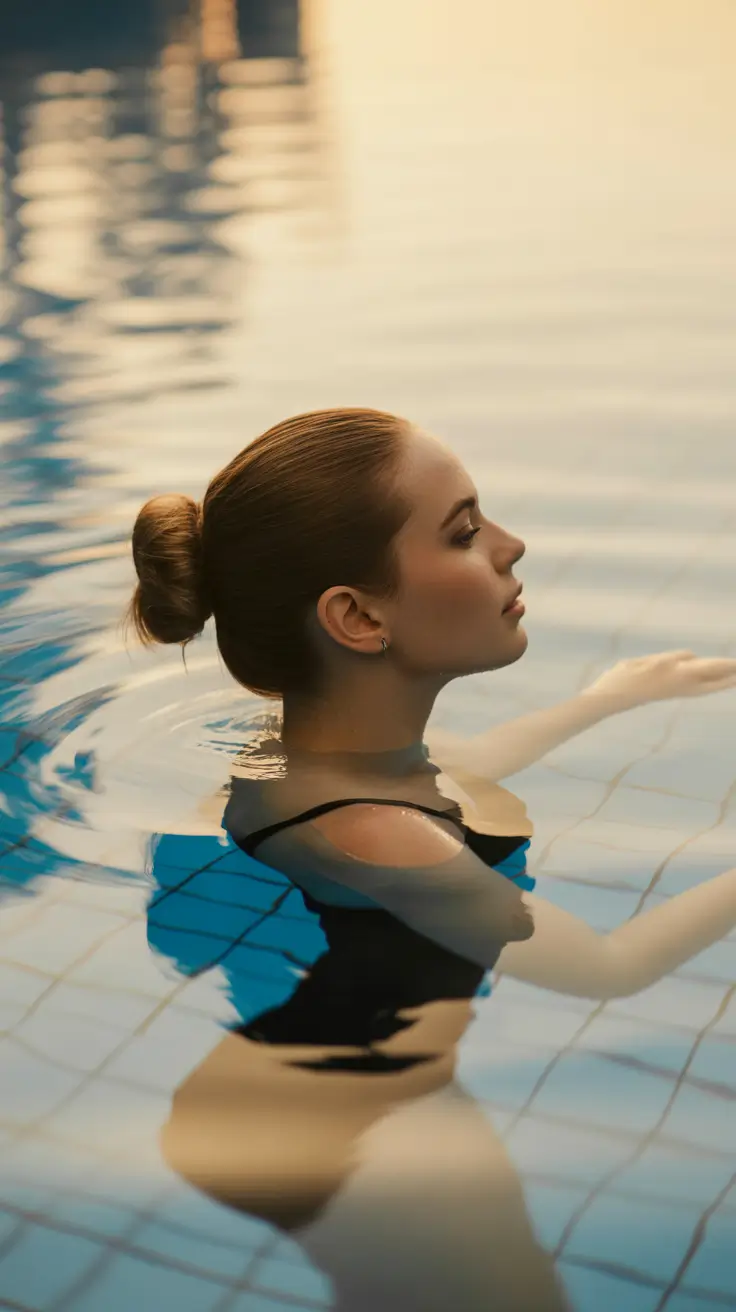 summer hairstyles for swimming 2026 Low Sleek Bun Submerged Elegance