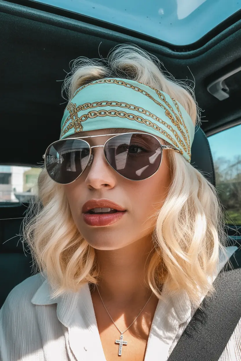 24 summer heads 2026 retro-chain-print-bandana-with-soft-blonde-waves