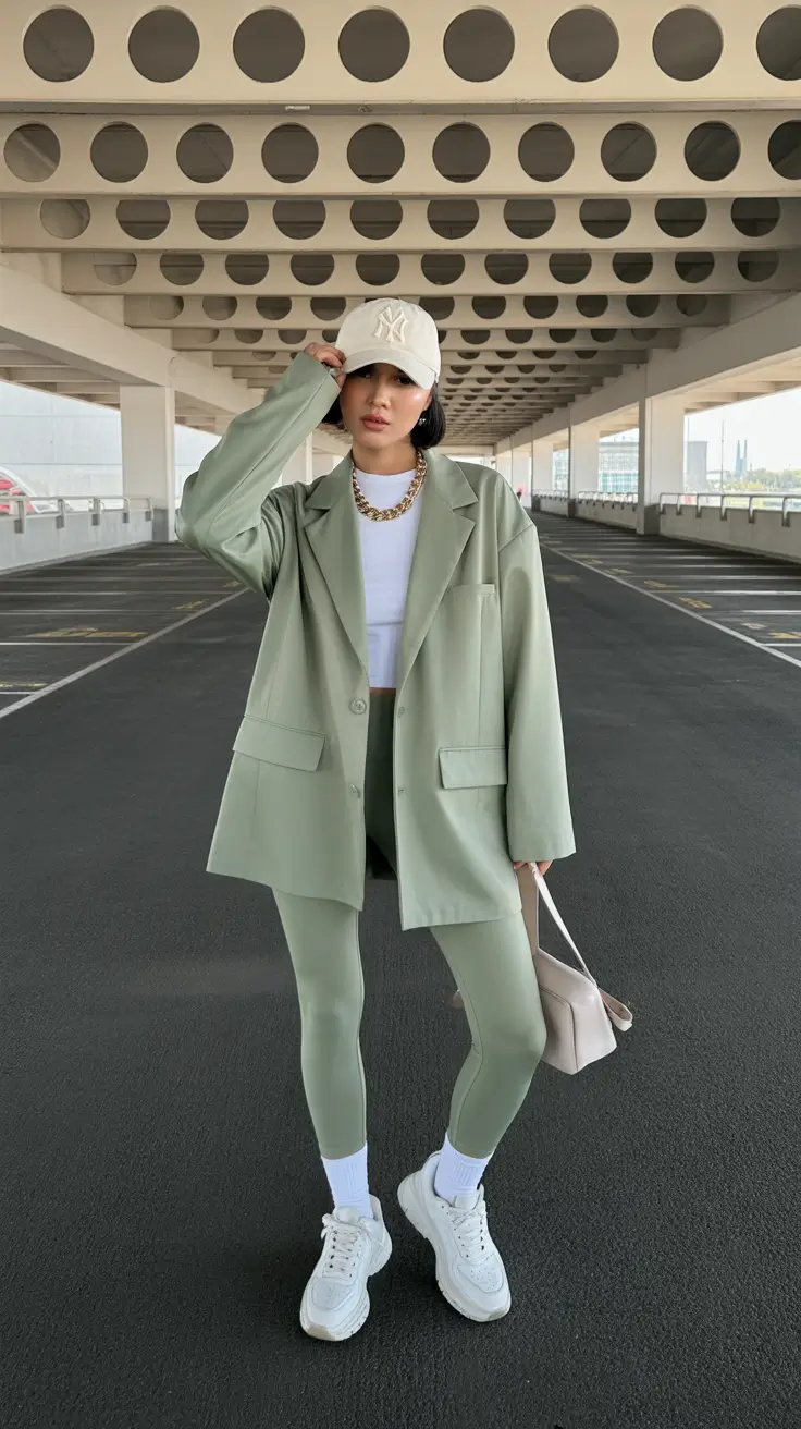 summer outfits with sneakers for women 2026 Muted Green Layers That Blur The Line Between Sport And Structure