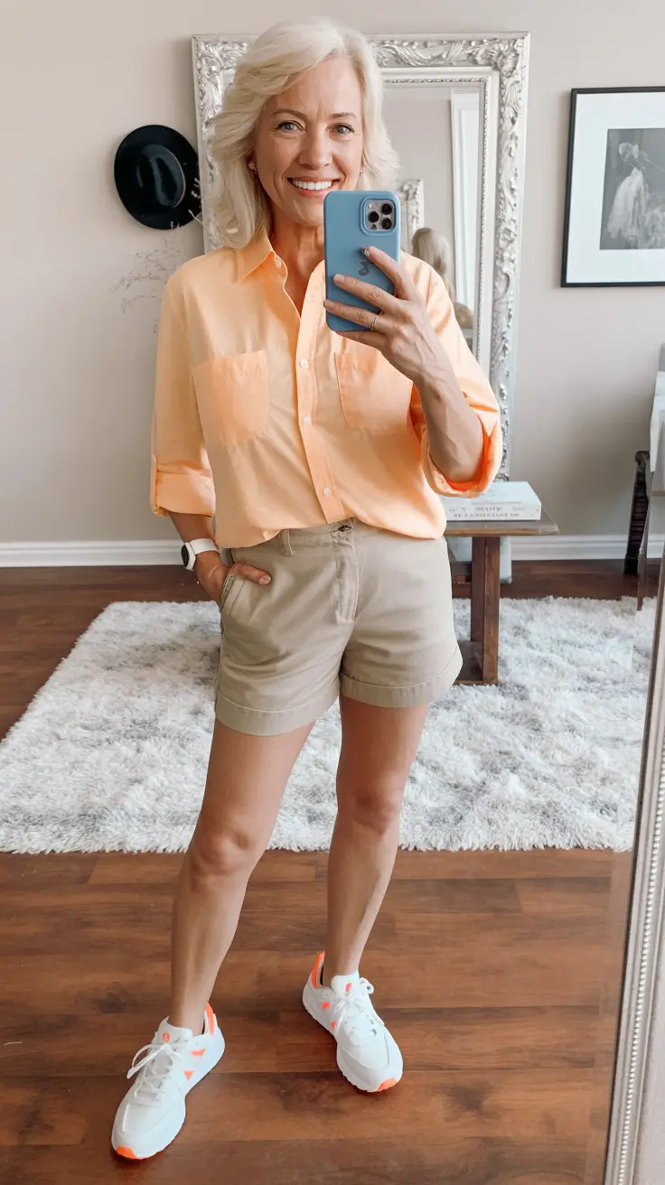 summer outfits with sneakers for women 2026 Relaxed Citrus Shirt And Tailored Shorts That Feel Instantly Fresh