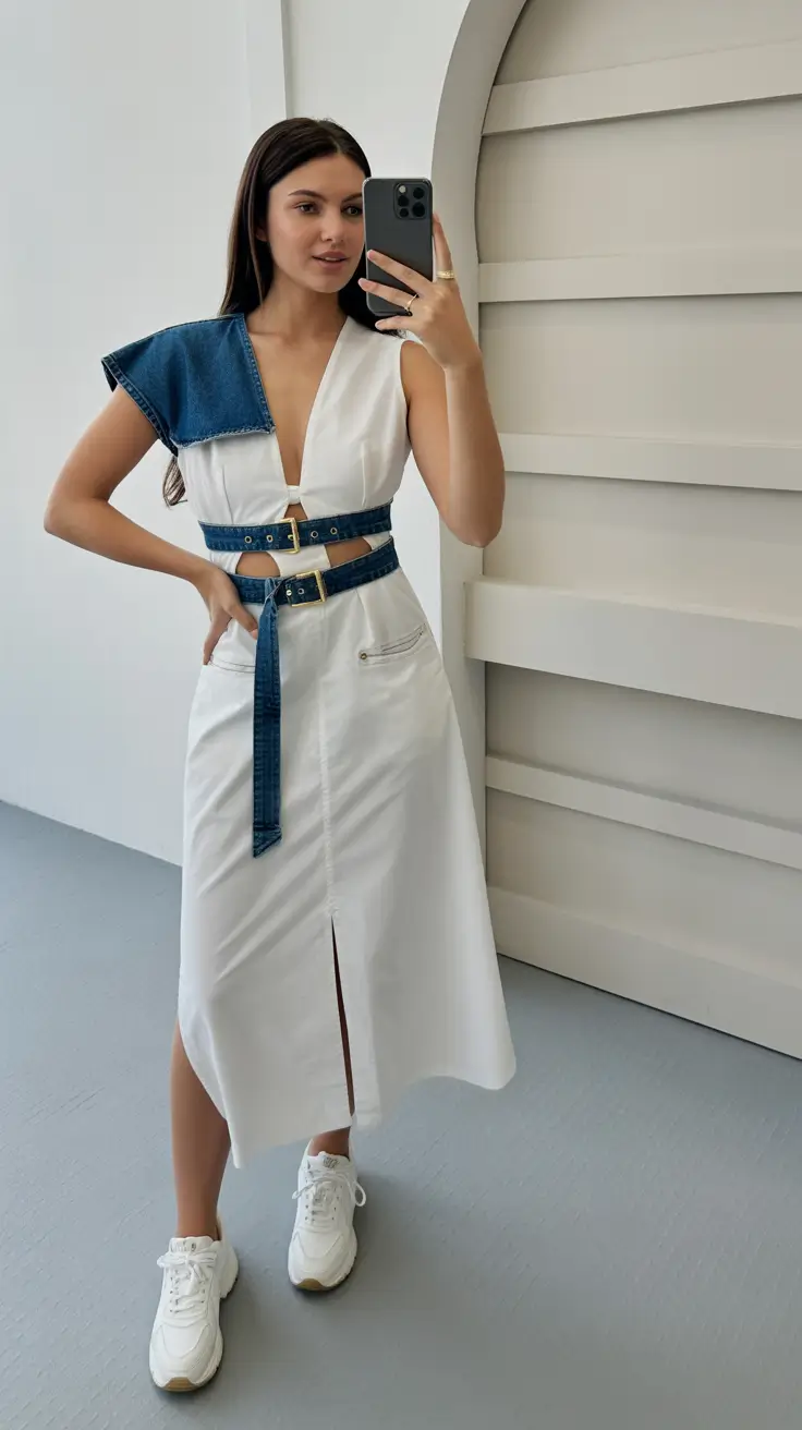 summer outfits with sneakers for women 2026 White Dress With Denim Details That Feels Fresh And Slightly Unexpected