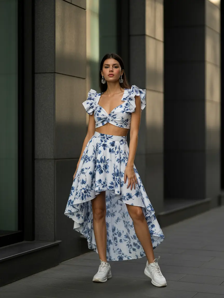 summer outfits with sneakers for women 2026 Statement Floral Set With Volume And Movement That Feels Like A Summer Finale