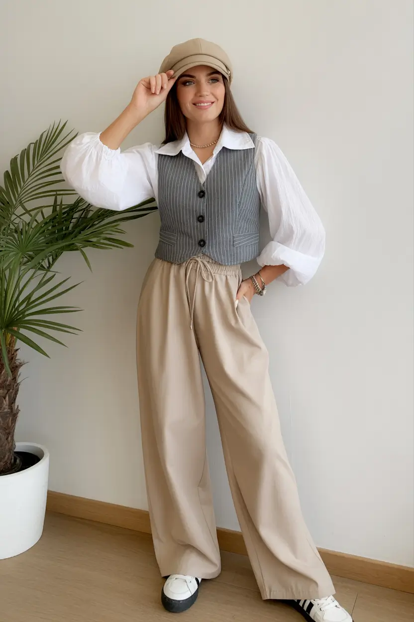 summer outfits with sneakers for women 2026 Soft Tailoring With A Vintage Inspired Vest And Easy Movement