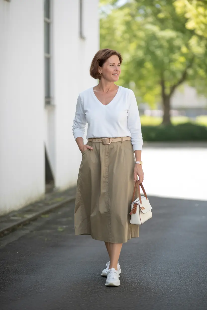 summer outfits with sneakers for women 2026 Minimal White Top And Midi Skirt That Feels Quietly Elevated