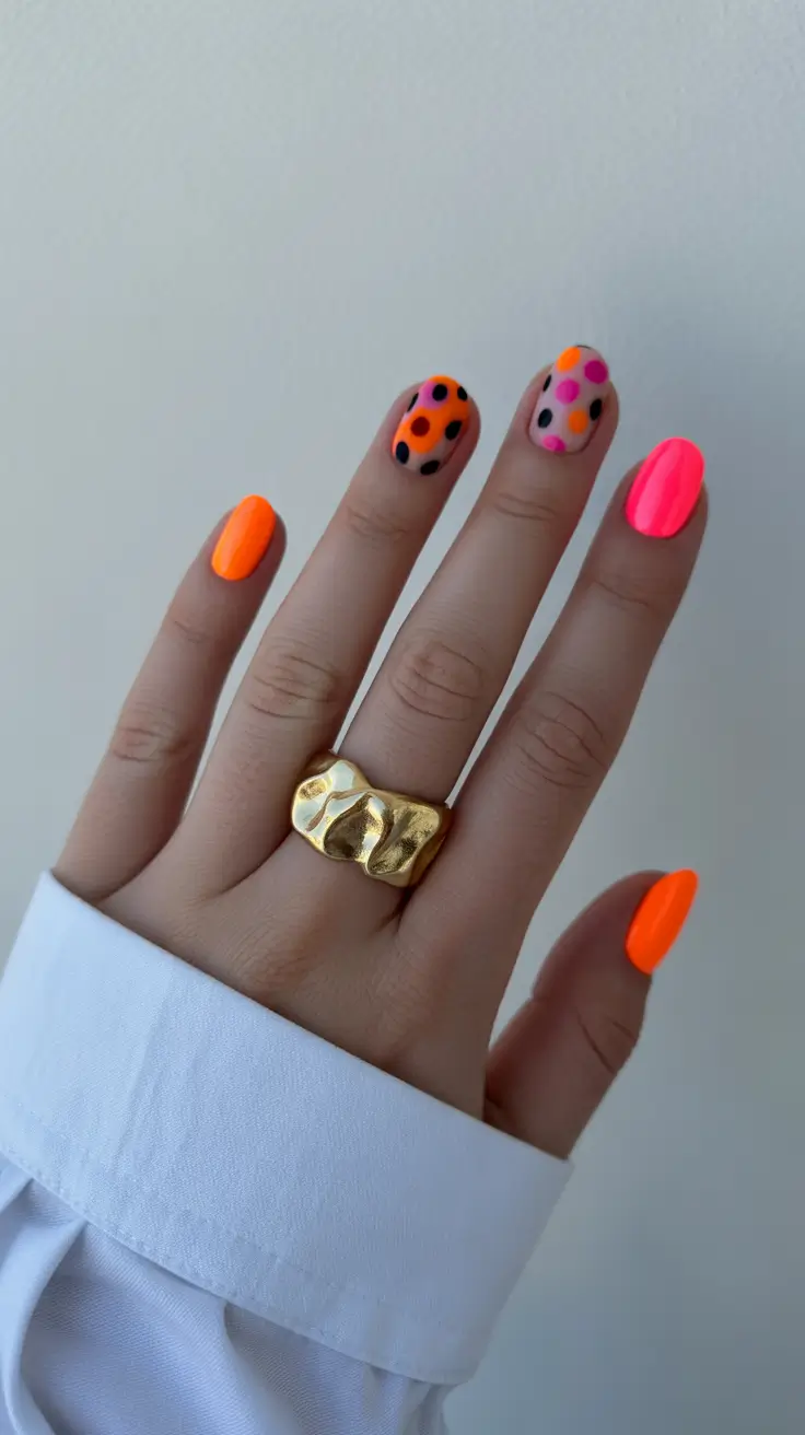summer short nail inspo 2026 bright neon pink orange dots