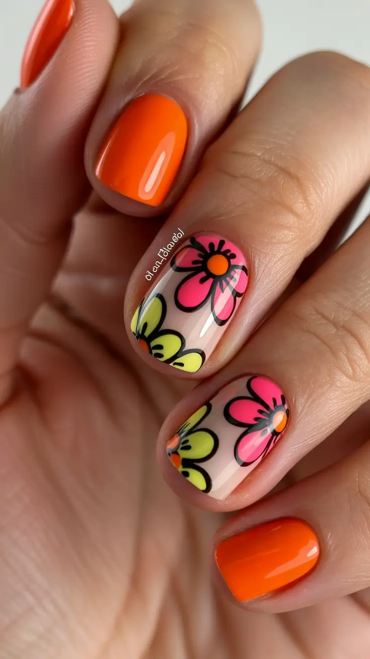 summer short nail inspo 2026 bright orange flower pop art