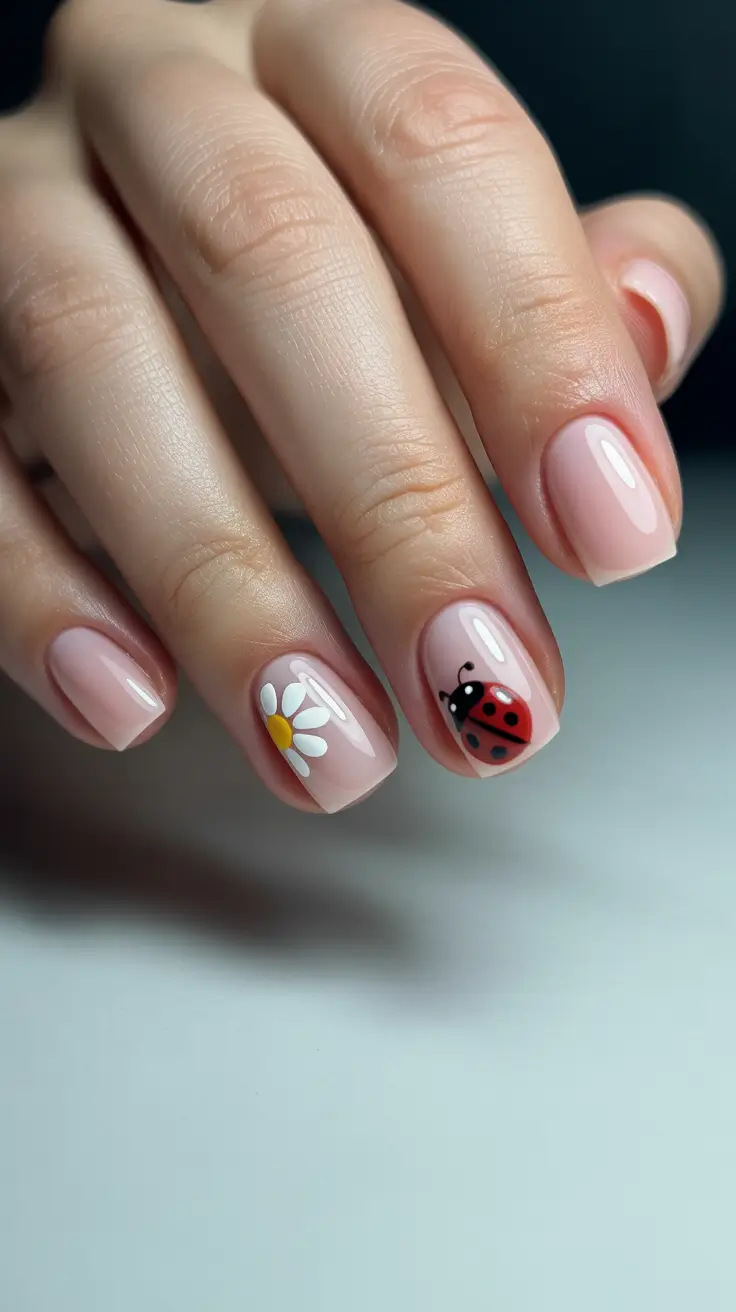 summer short nail inspo 2026 pink flower ladybug cute design