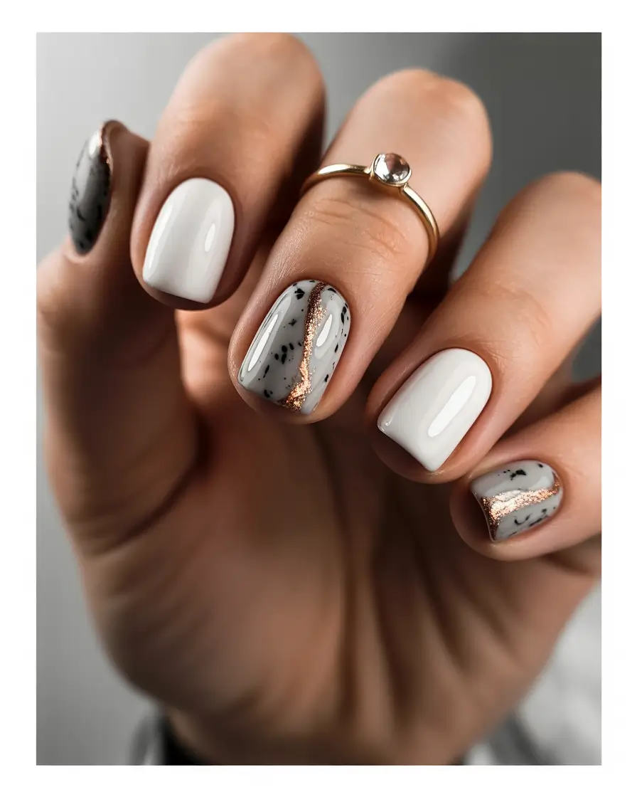 summer short nail inspo 2026 neutral marble gold chrome accent