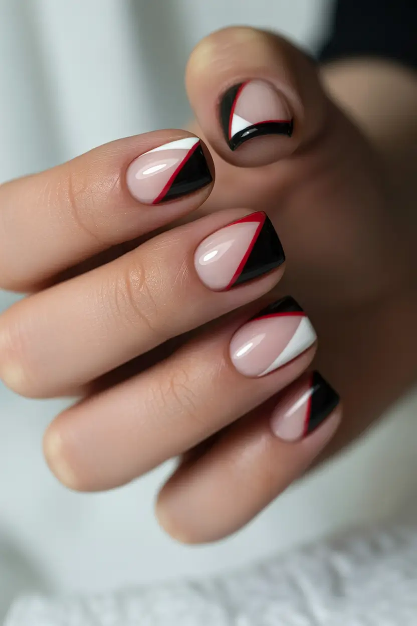 summer short nail inspo 2026 graphic french black red white
