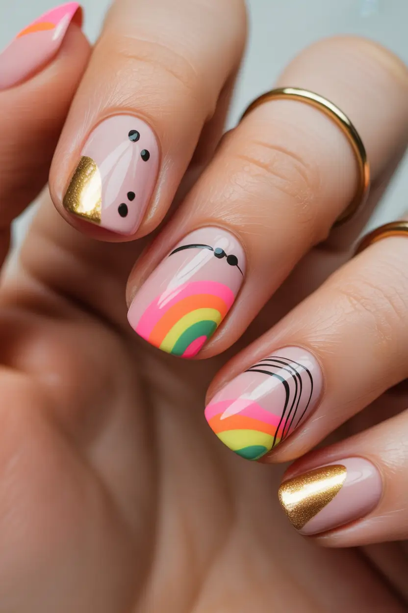 summer short nail inspo 2026 rainbow curves gold accents