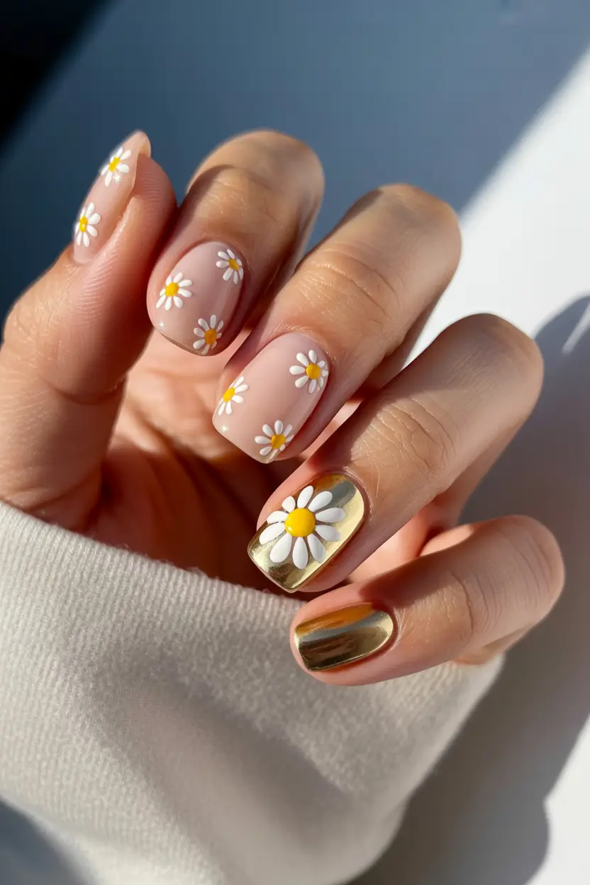 summer short nail inspo 2026 daisy flower gold chrome mix