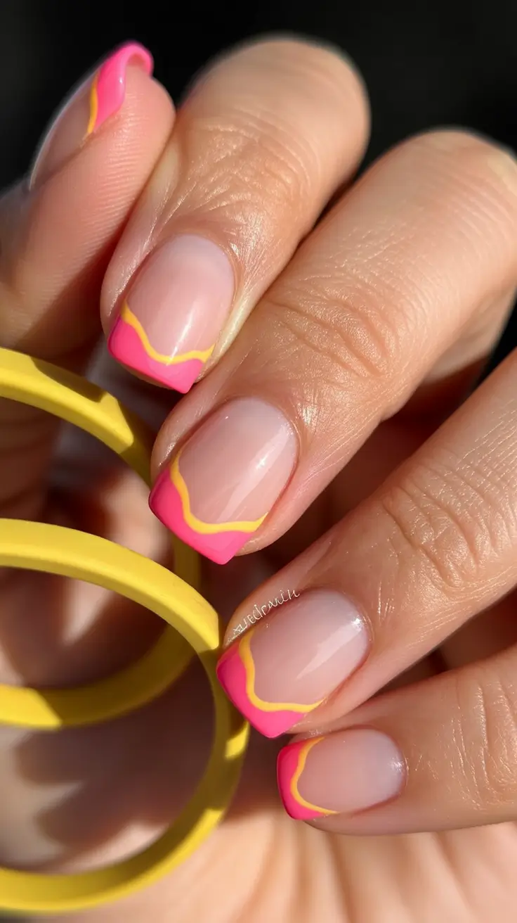 summer short nail inspo 2026 pink yellow wavy french