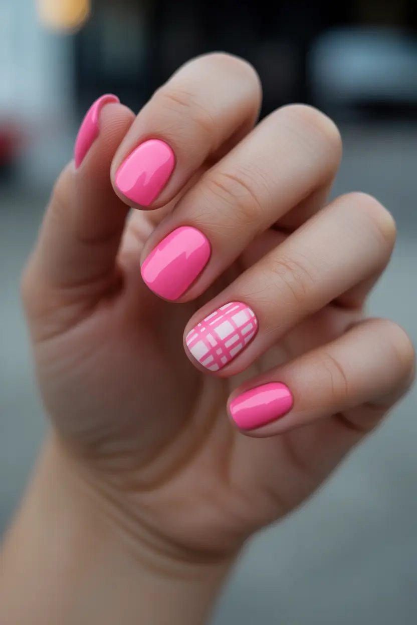 summer short nail inspo 2026 bright pink plaid accent