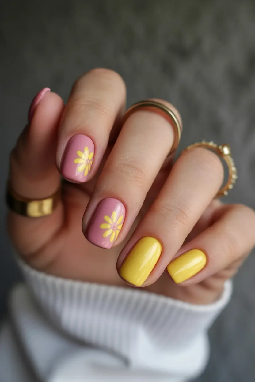 summer short nail inspo 2026 sunny yellow pink flower