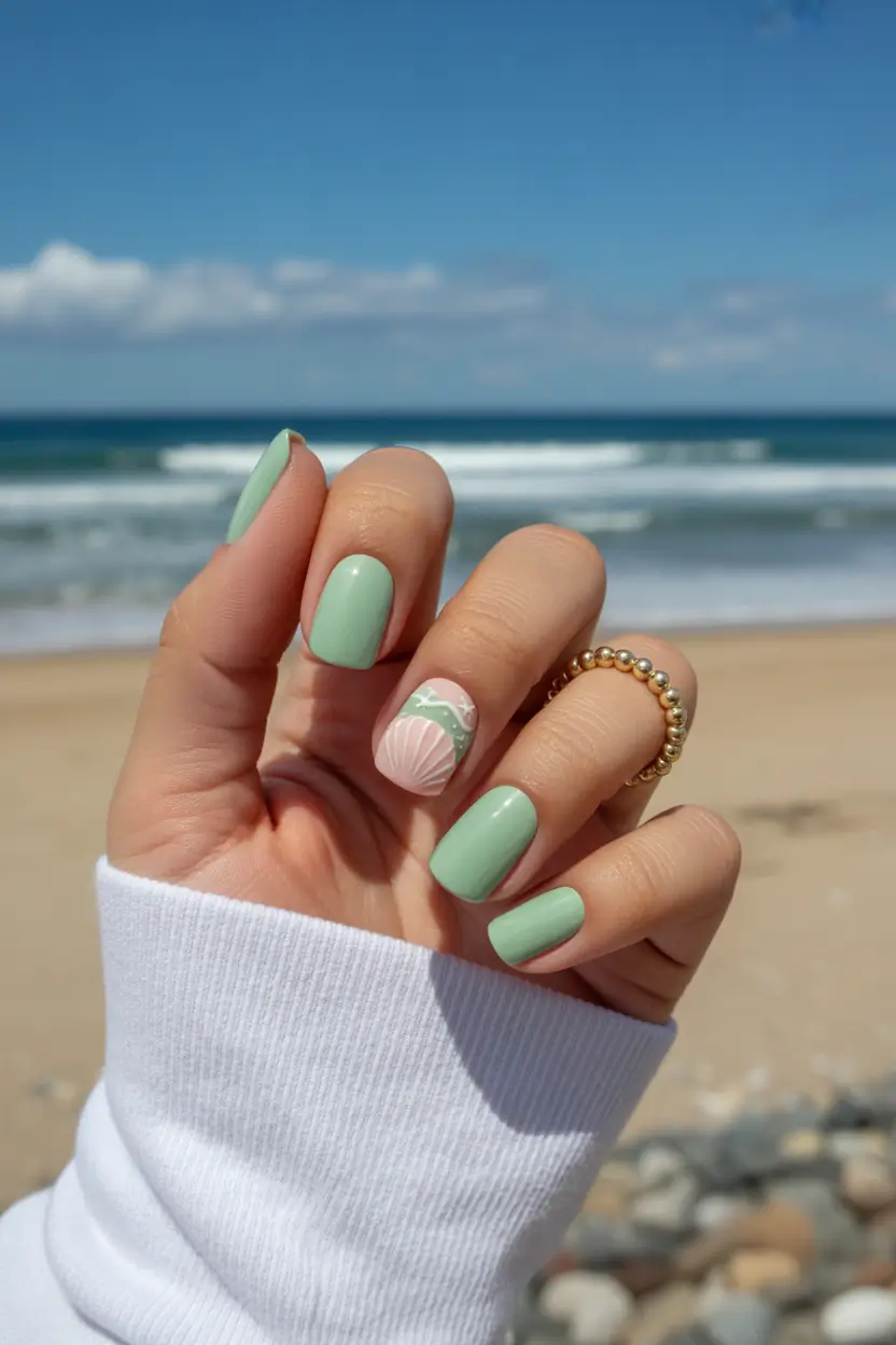 summer short nail inspo 2026 mint beach shell design
