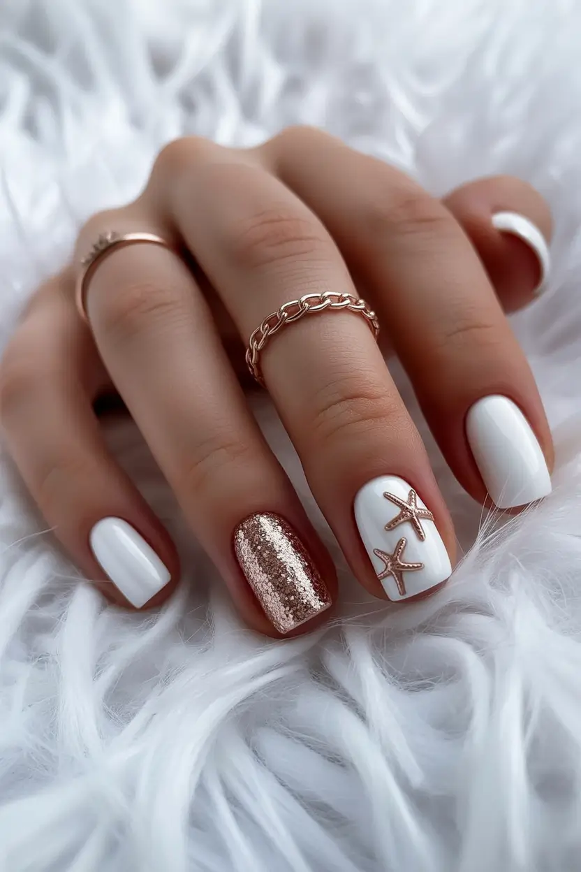 summer short nail inspo 2026 white chrome starfish
