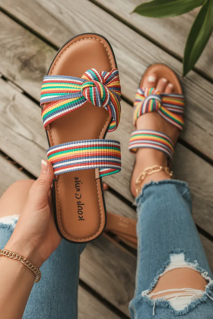 21 summer slides for women 2026 Rainbow Strap Slides That Bring Pure Summer Energy