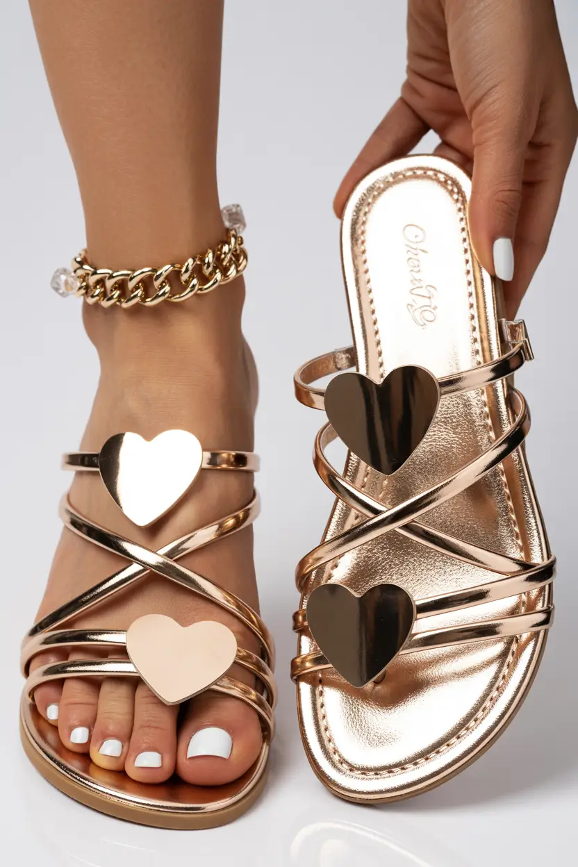 21 summer slides for women 2026 Gold Heart Slides That Feel Playful Yet Polished